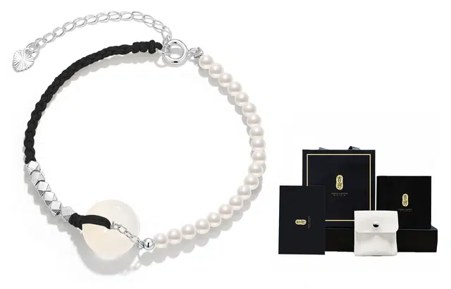 吉珂 碎银子玛瑙平安扣情侣手链一对 国风小众设计简约转运珠珍珠手链气质百搭编织绳拼接链 学生通勤风手链男女款精美礼盒