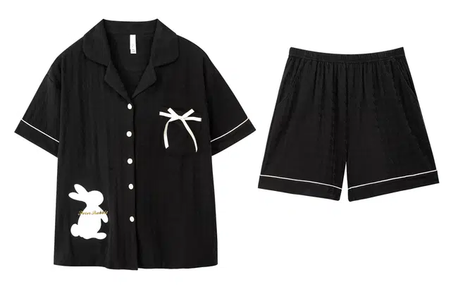 小情歌 家居服睡衣 短袖短裤睡衣女夏季家居服女夏款纯棉家居套装 千鸟格压纹兔子图案刺绣设计 女款 黑色