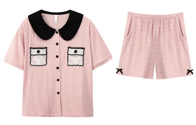 小情歌 家居服睡衣 短袖短裤睡衣女夏季家居服女夏款纯棉家居套装 千鸟格压纹双口袋设计 女款 粉红色