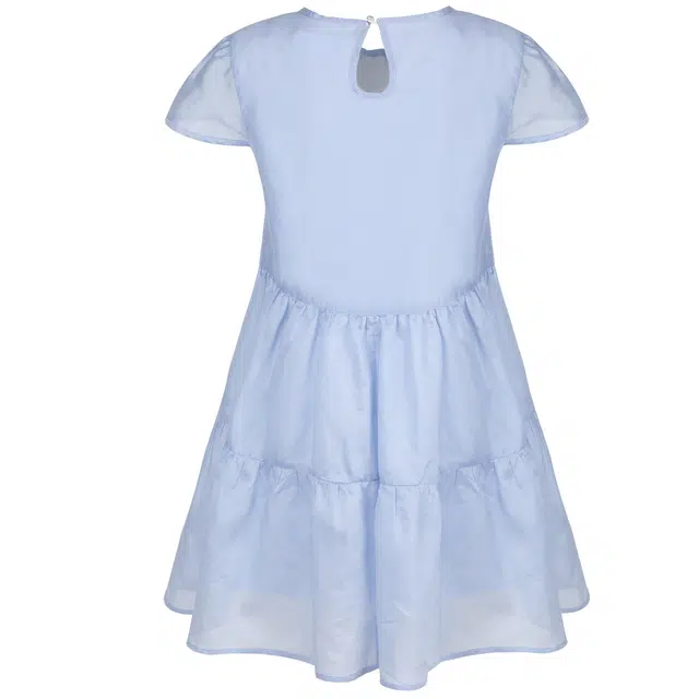 甜美蕾丝拼接蝴蝶结圆领泡泡袖公主裙短袖连衣裙 女款 蓝色