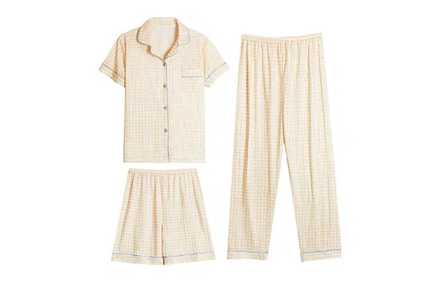 橡柠派 格子控睡衣女夏季开衫短袖短长裤三件套装甜美学生 家居套装 女款 奶黄色