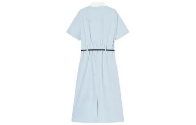 对白 纯色高腰衬衫短袖连衣裙 冰水蓝