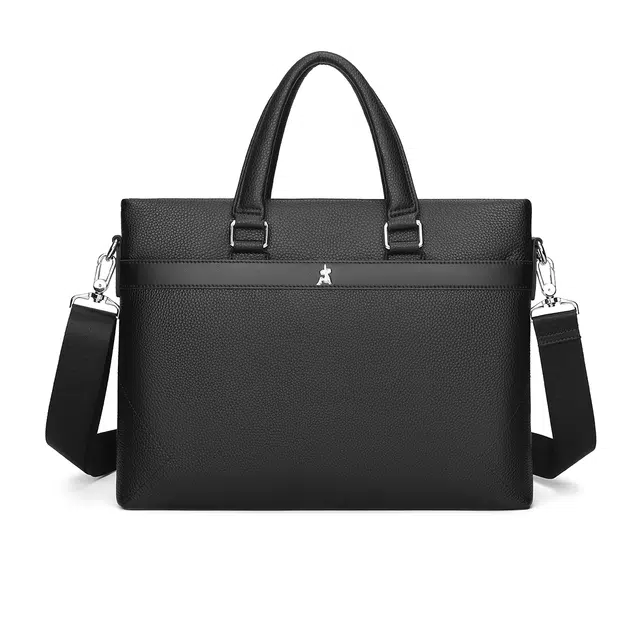 稻草人 纯色简约 牛皮 电脑包手提单肩斜挎包 常规 男款 黑色