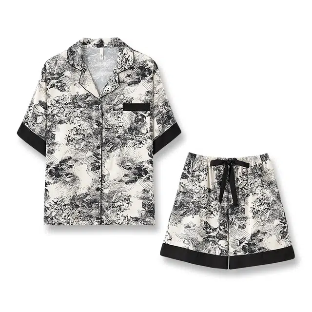 俏薇妮 新中式水墨画家居服凉感冰丝短袖短裤薄款睡衣复古翻领高级感睡衣套装 女款