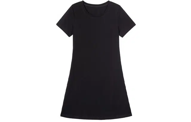 小镇姗姗 纯色圆领宽松套头短袖连衣裙