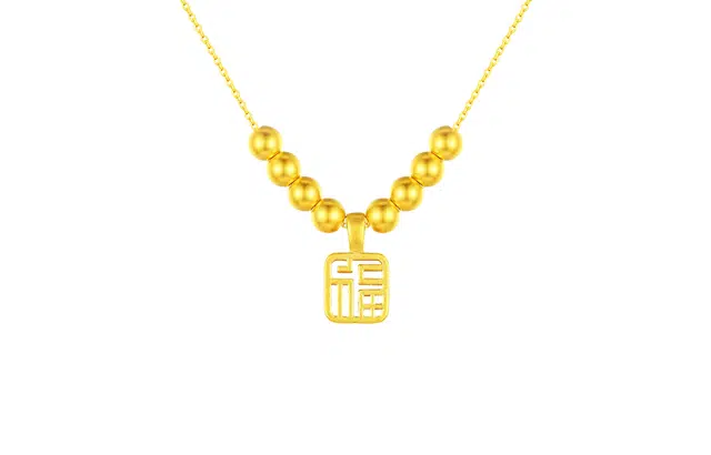 花见羞 八方来财福牌 福气满满转运珠 新中式国潮小众设计感 足金 定价金 黄金项链 女款