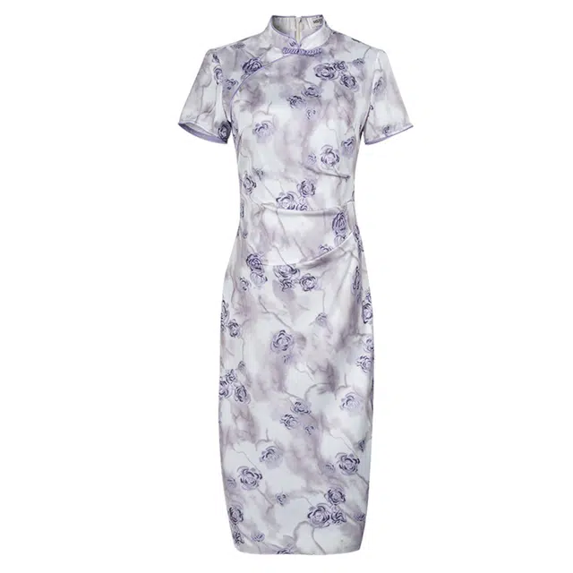 米思阳 新中式国风水墨花色收腰开叉短袖连衣裙 香芋紫