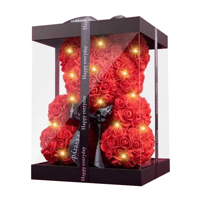 巴巴泥 永生花玫瑰熊 仿真花抱抱熊 送女朋友女生生日节礼物  玩偶 毛绒公仔