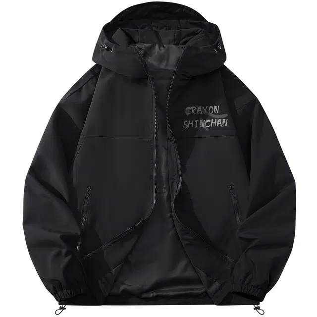 蜡笔小新 卡通小新线稿手绘字母印花休闲宽松连帽夹克外套 男女同款