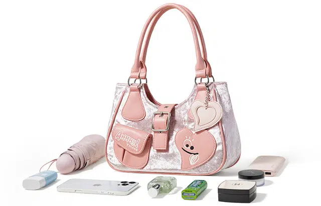 音魅 甜酷辣妹时尚 丝绒 马鞍包斜挎包 中号 女款 白色/粉色