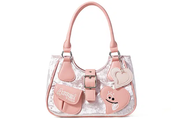 音魅 甜酷辣妹时尚 丝绒 马鞍包斜挎包 中号 女款 白色/粉色