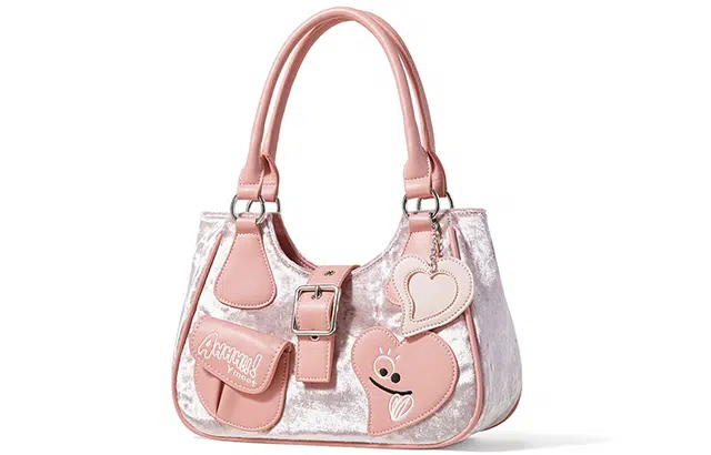 音魅 甜酷辣妹时尚 丝绒 马鞍包斜挎包 中号 女款 白色/粉色