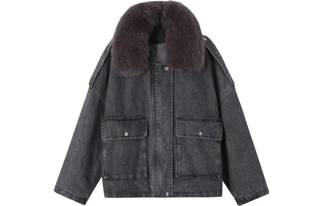 【dme】 毛边翻领加绒短款上衣宽松长袖夹克 女款 铅灰