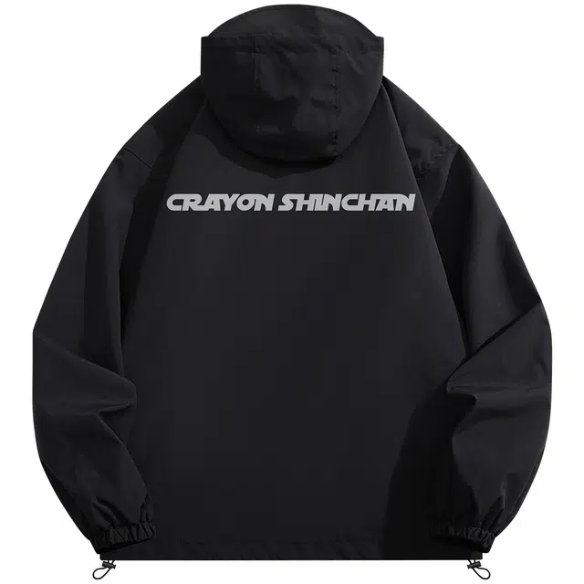 蜡笔小新 日系简约通勤卡通字母印花休闲防风连帽宽松夹克外套 男女同款