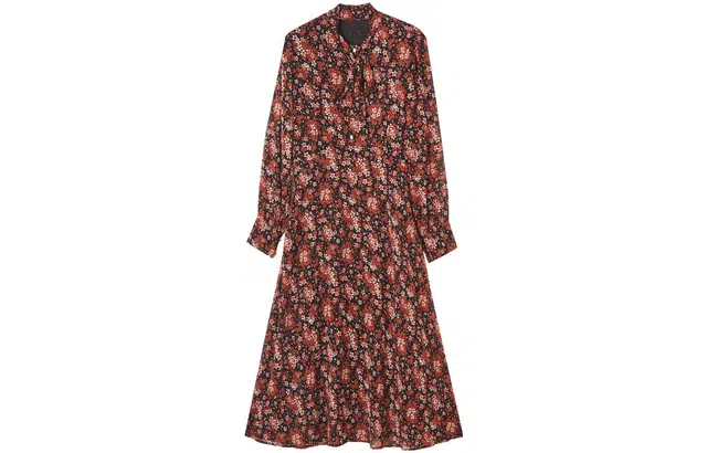 【dme】法式飘带领收腰显瘦碎花长袖连衣裙 红色