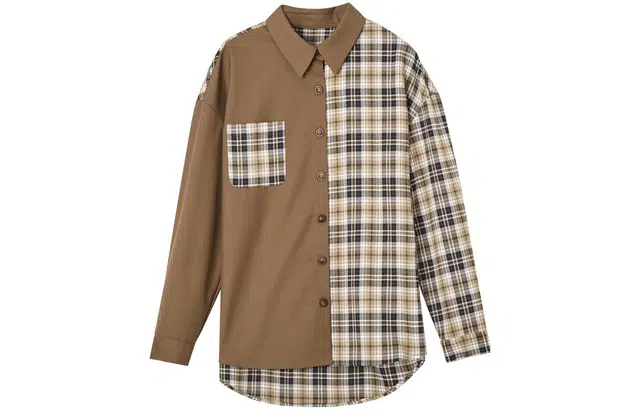 【dme】 拼接撞色格子长袖衬衫 女款 咖啡色