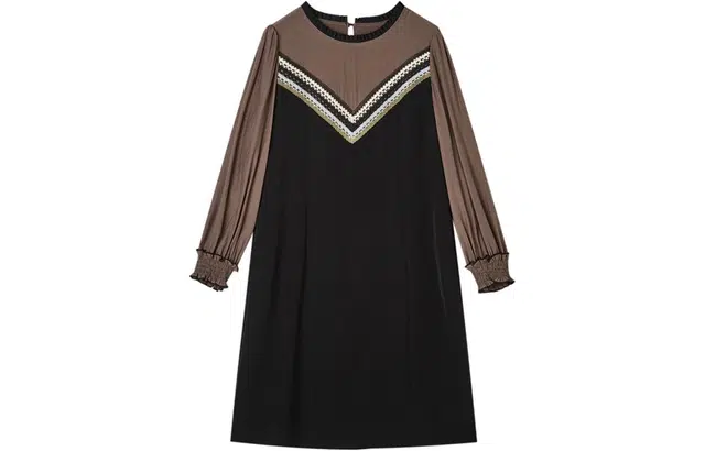 【dme】休闲圆领拼接中腰长袖连衣裙 黑色