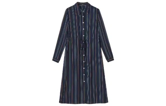 【dme】 翻领复古简约条纹长袖连衣裙 藏青色