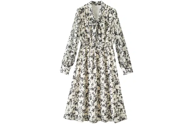 【dme】 植物图案满印高腰长袖连衣裙 黑色