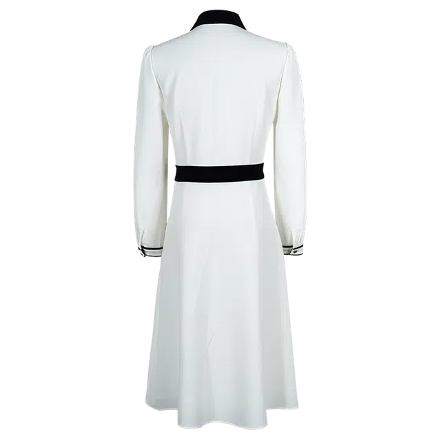 米思阳 撞色尖领单排扣设计高腰中长款长袖连衣裙 白色