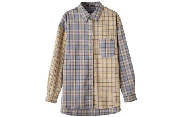 【dme】 宽松格子拼接长袖衬衫 女款 卡其