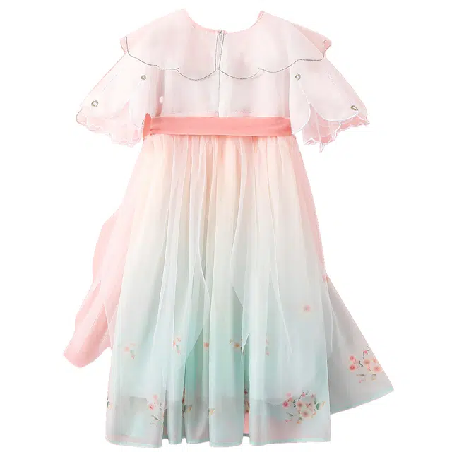 十月妈咪 中式国风刺绣碎花网纱短袖连衣裙汉服 夏 儿童款 湛蓝蝴蝶