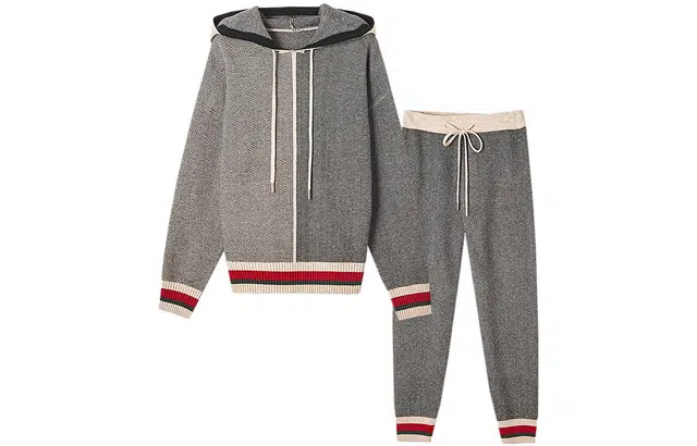 【dme】 连帽拼接条纹上衣系带针织裤子休闲运动套装 女款 中灰