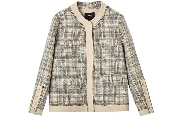 【dme】 格子粗花圆领小香风夹克 女款 卡其