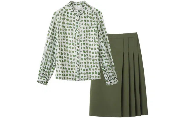 【dme】圆点印花长袖衬衫纯色褶皱半身裙裙装套装 女款 绿色