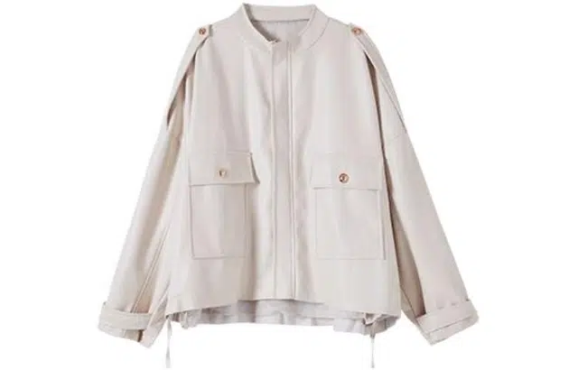 花栗鼠小姐 纯色宽松拉链落肩立领皮衣外套 女款