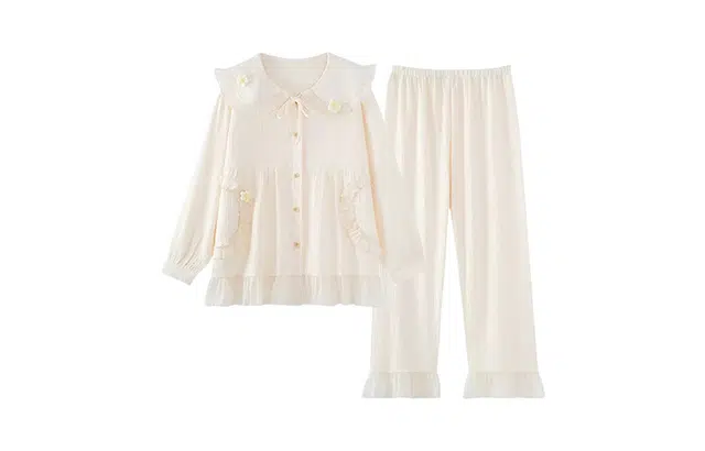 橡柠派 睡衣春夏双层面纱纯棉娃娃领长袖开衫套装 甜美公主风木耳边睡衣套装 女款 月光白