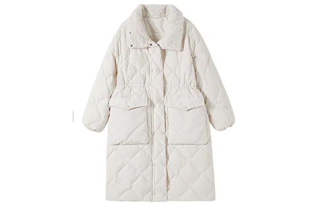 花栗鼠小姐 纯色中长款收腰菱形格羽绒服 女款