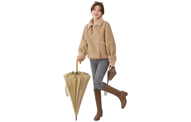 花栗鼠小姐 纯色皮毛翻领夹克外套 女款 奶茶色