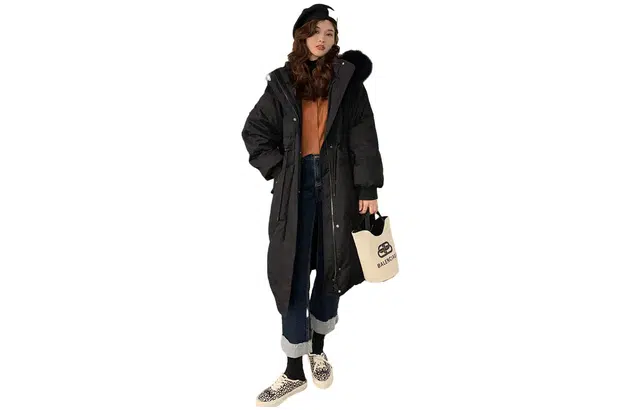 花栗鼠小姐 白鸭绒长款派克羽绒服 女款 森林黑