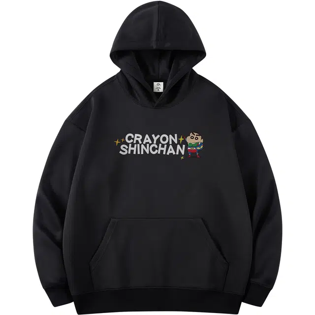 蜡笔小新 卡通小新动感超人字母印花宽松休闲套头连帽卫衣 男女同款