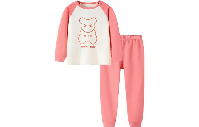 梦特娇 童装 纯棉系列 撞色小熊字母印花上衣纯色松紧腰保暖秋衣秋裤套装 女童 砖红红熊