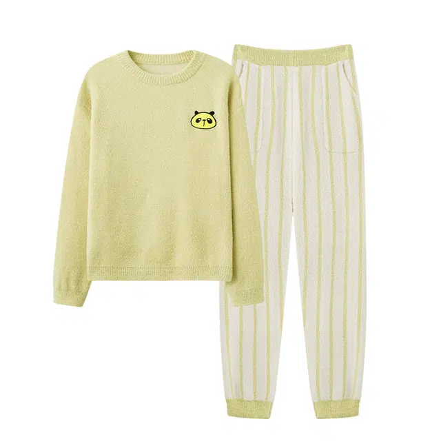 怡吾色 圆领法兰绒情侣款睡衣可外穿家居套装 简约条纹萌宠刺绣家居服 加厚保暖