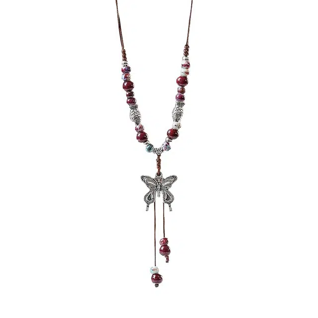 希遇 彩色串珠陶瓷蝴蝶 新中式民族古风编织绳轻奢高级感 项链 女款