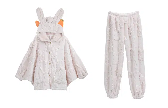 小情歌 冬季珊瑚绒保暖睡衣男冬季家居服女冬款厚款蝙蝠袖长袖长裤可爱兔耳 家居套装  女款  奶白色