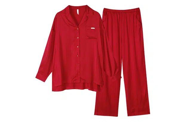 同语 春秋季红色睡衣冰丝长袖套装女士结婚喜庆家居服秋冬 家居套装 女款 红色