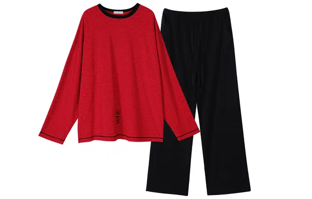 同语 红色睡衣春秋季柔软棉条纹套装男士结婚喜庆秋冬家居服 家居套装 男款 殷红