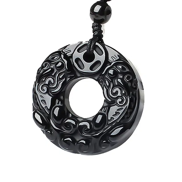 翠雅金楼 新中式国风雌雄双貔貅平安扣 汉服古装配饰 黑曜石 玉石吊坠 男女同款情侣款 黑曜石