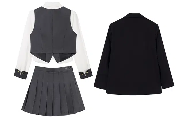 九条喵 单排扣西装马甲拼色长袖衬衫纯色百褶短裙制服 女款 灰色