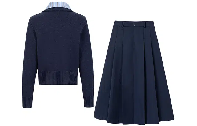 九条喵 学院风假两件单排扣针织衫高腰半身裙制服 女款