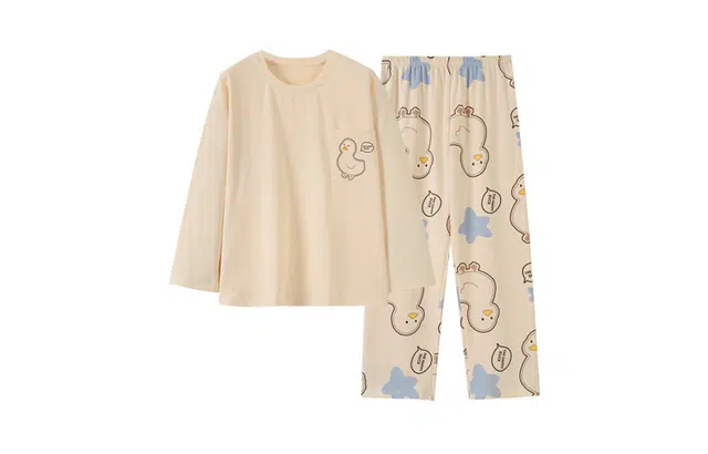 橡柠派 舒适卡通睡衣 可爱运动少女小鸡仔休闲宽松长裤秋冬季 家居套装  女款  杏色