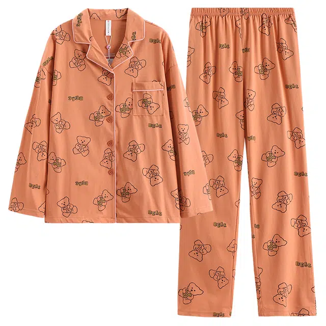 芬腾 长袖开衫睡衣冰氧精棉 春秋季 家居套装 女士 桔色