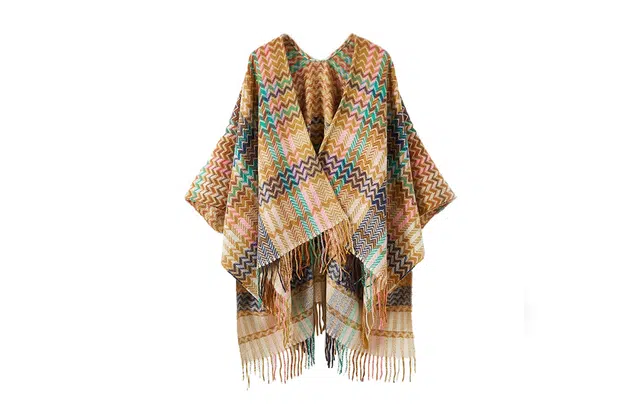 白卷 民族风拼色开叉保暖 披肩 女款 粉黄色 绿色 粉色