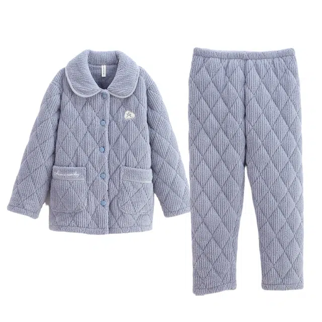 芬腾 冬季珊瑚绒夹棉睡衣女士加厚棉袄秋冬款家居服保暖套装 家居套装  女  浅蓝 藕红 香芋紫