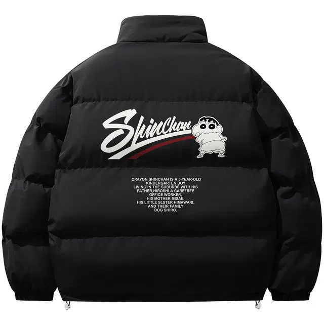 蜡笔小新 趣味搞怪小新字母标语印花保暖立领加厚面包棉服外套 男女同款