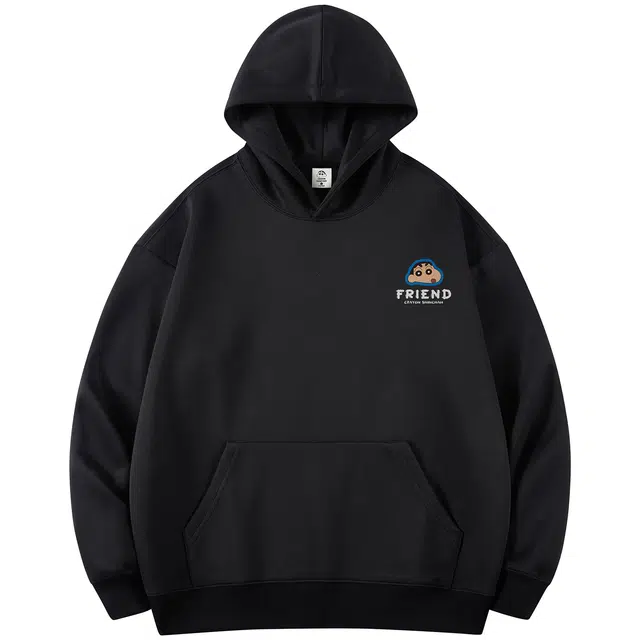 蜡笔小新 卡通人物头像贴字母印花休闲宽松套头连帽卫衣 男女同款